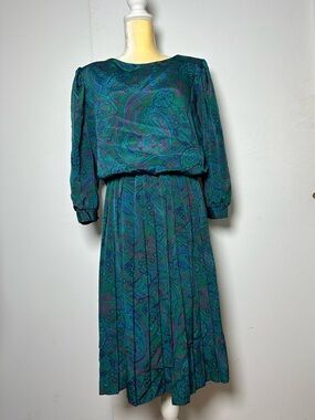 Vintage Walden Classics Paisley Pleated Midi Dress Size 16 Green/Jewel Tone